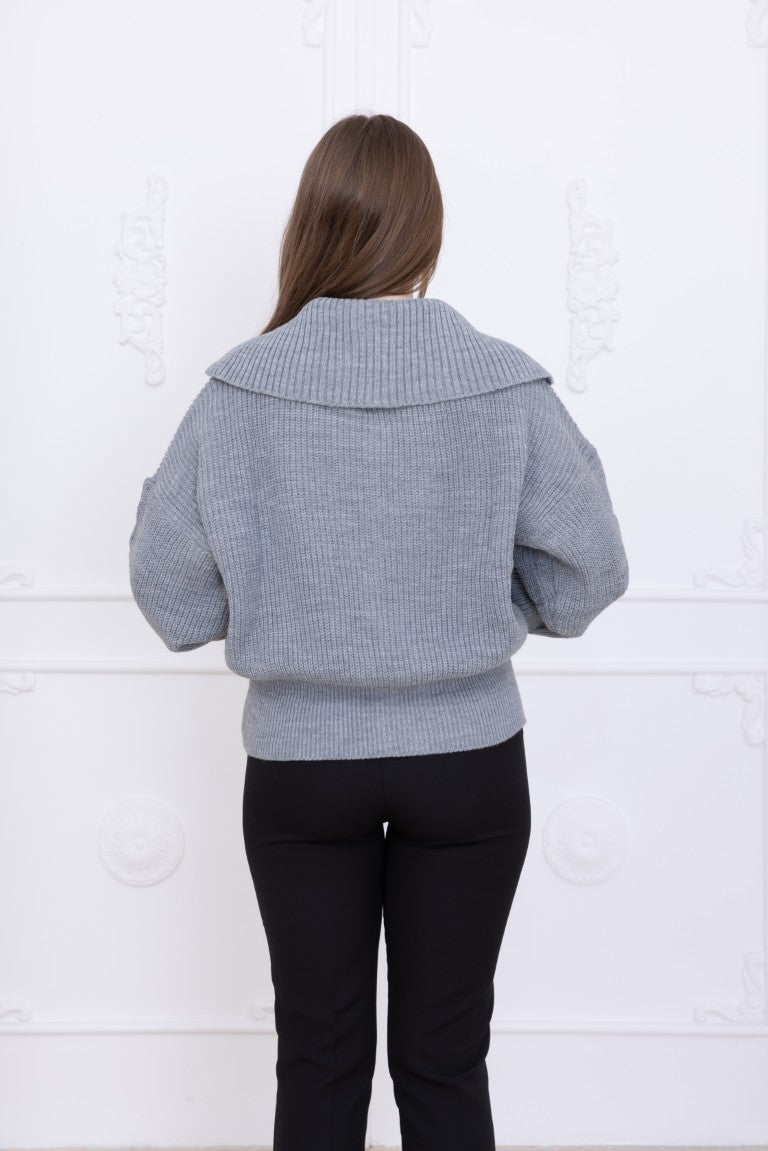 Devrik Yakalı Fermuarlı Kadın Triko Hırka TR240753