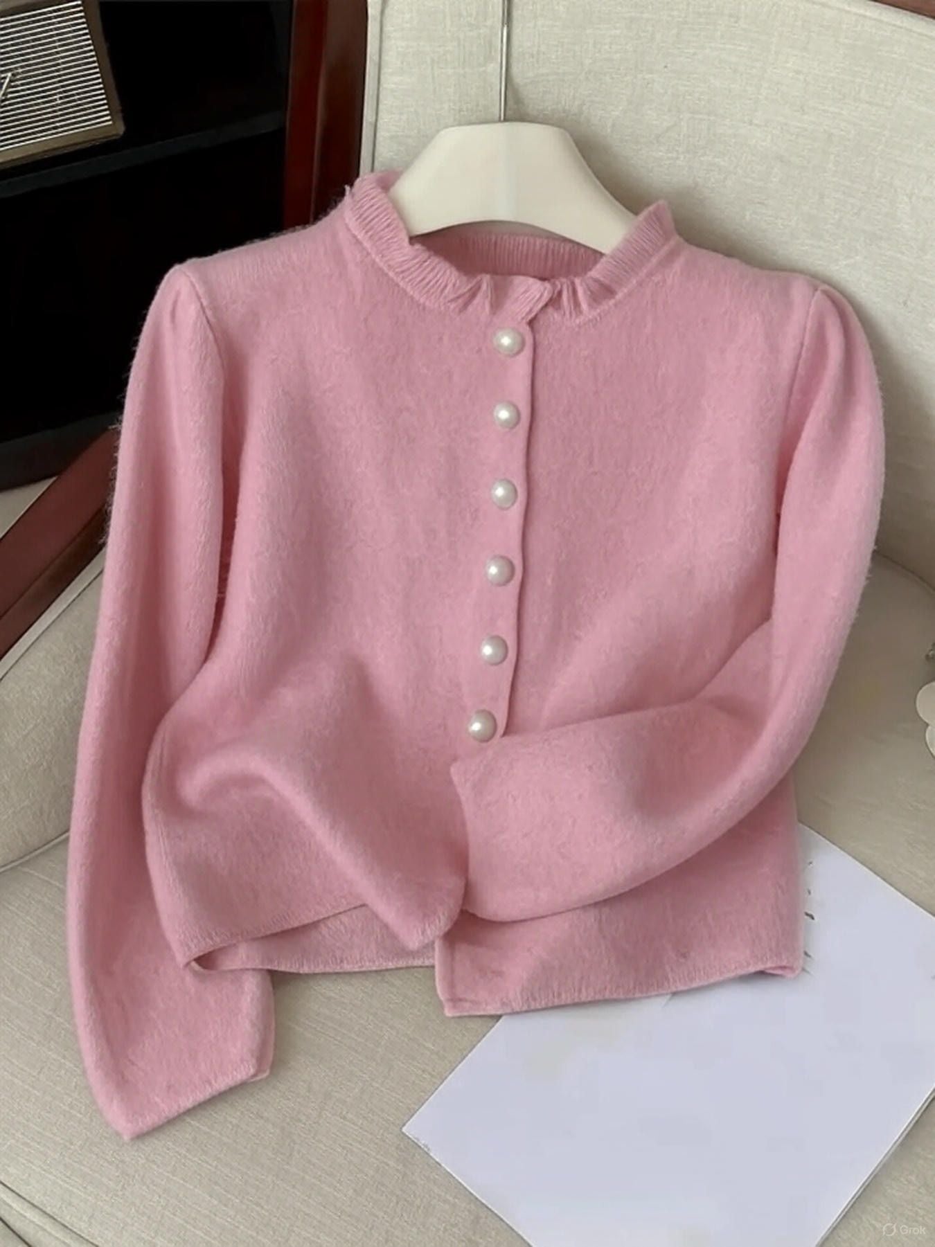 Kadın Fırfırlı İncili Yumuşak Dokulu Triko Hırka UGD250725