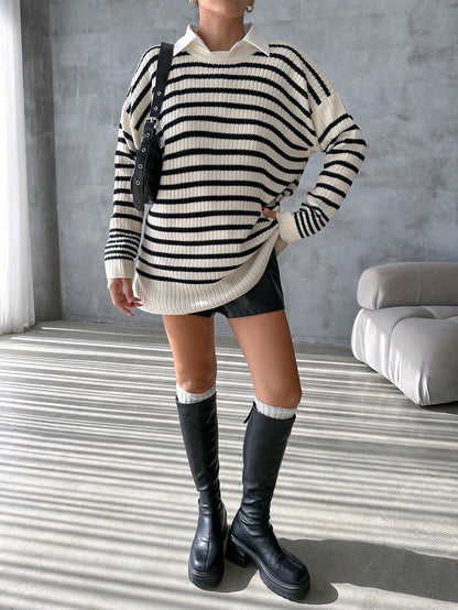 Kadın Çizgili Oversize Triko Kazak TR241226