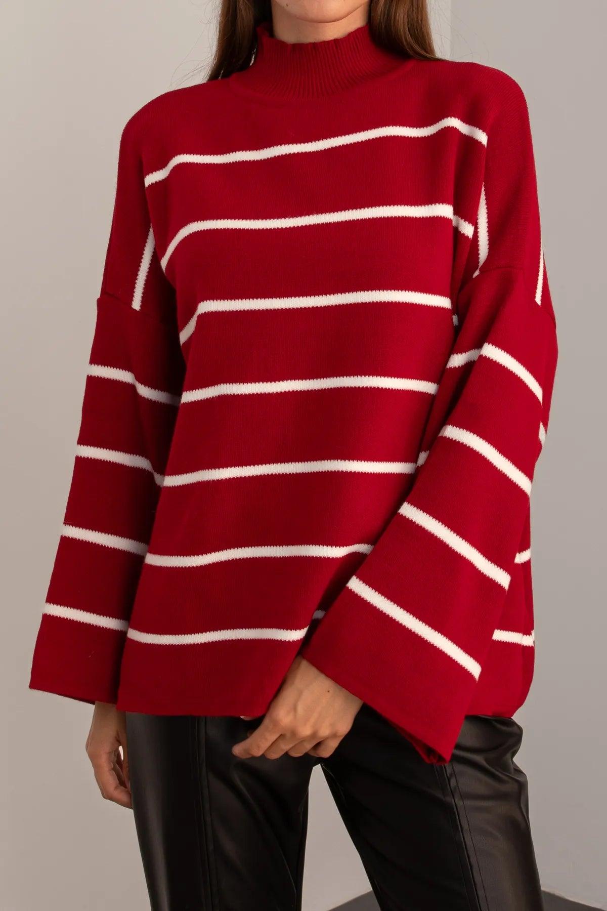 Premium Siyah Çizgili Yarım Balıkçı Yaka Oversize Kadın Kazak TR231201