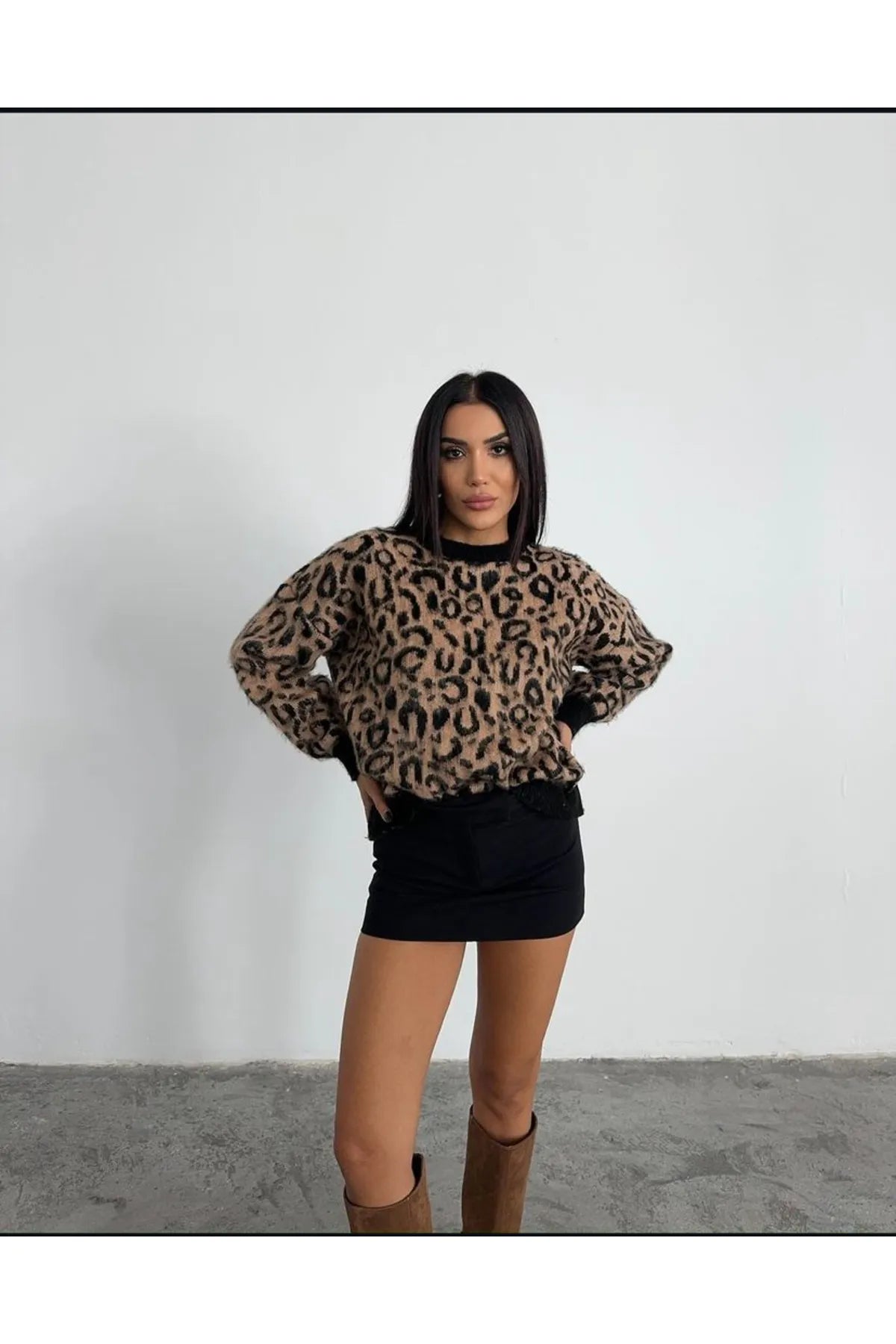 Leopar Yumoş Şardonlu Kadın Triko Kazak