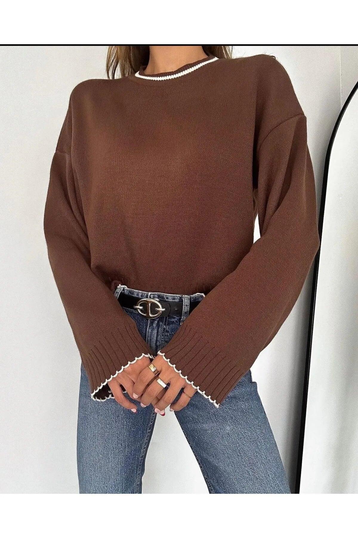 Premium Özel Kenar Desenli Kadın Basic Triko Kazak TR241263