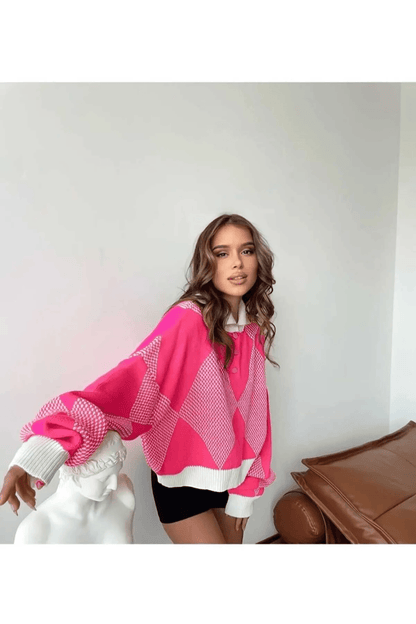 Premium Pembe Baklava Desenli Kadın Triko Kazak