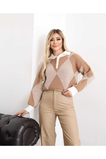 Premium Pembe Baklava Desenli Kadın Triko Kazak