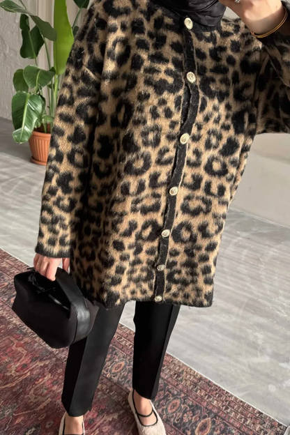 Kadın Leopar Desenli Şardonlu Uzun Hırka (Tesettür) TR241340