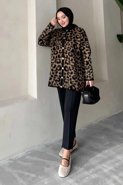 Kadın Leopar Desenli Şardonlu Uzun Hırka (Tesettür) TR241340